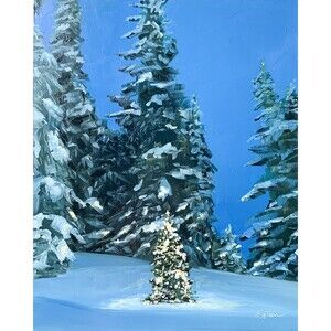 8x10 Original Oil Painting Landscape Christmas Lights Snowy Winter Forest Signed